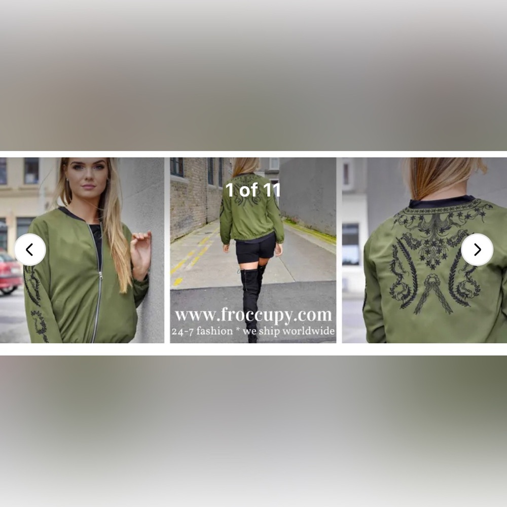 Adrienne Vittadini Embroidered Olive Green Black Bomber Jacket Size Large - Picture 9 of 9
